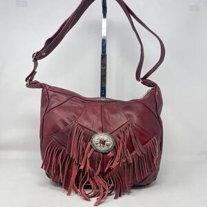 Red Leather Western Fringe Crossbody Bag Silver Concho Boho Made in Mexico NFR